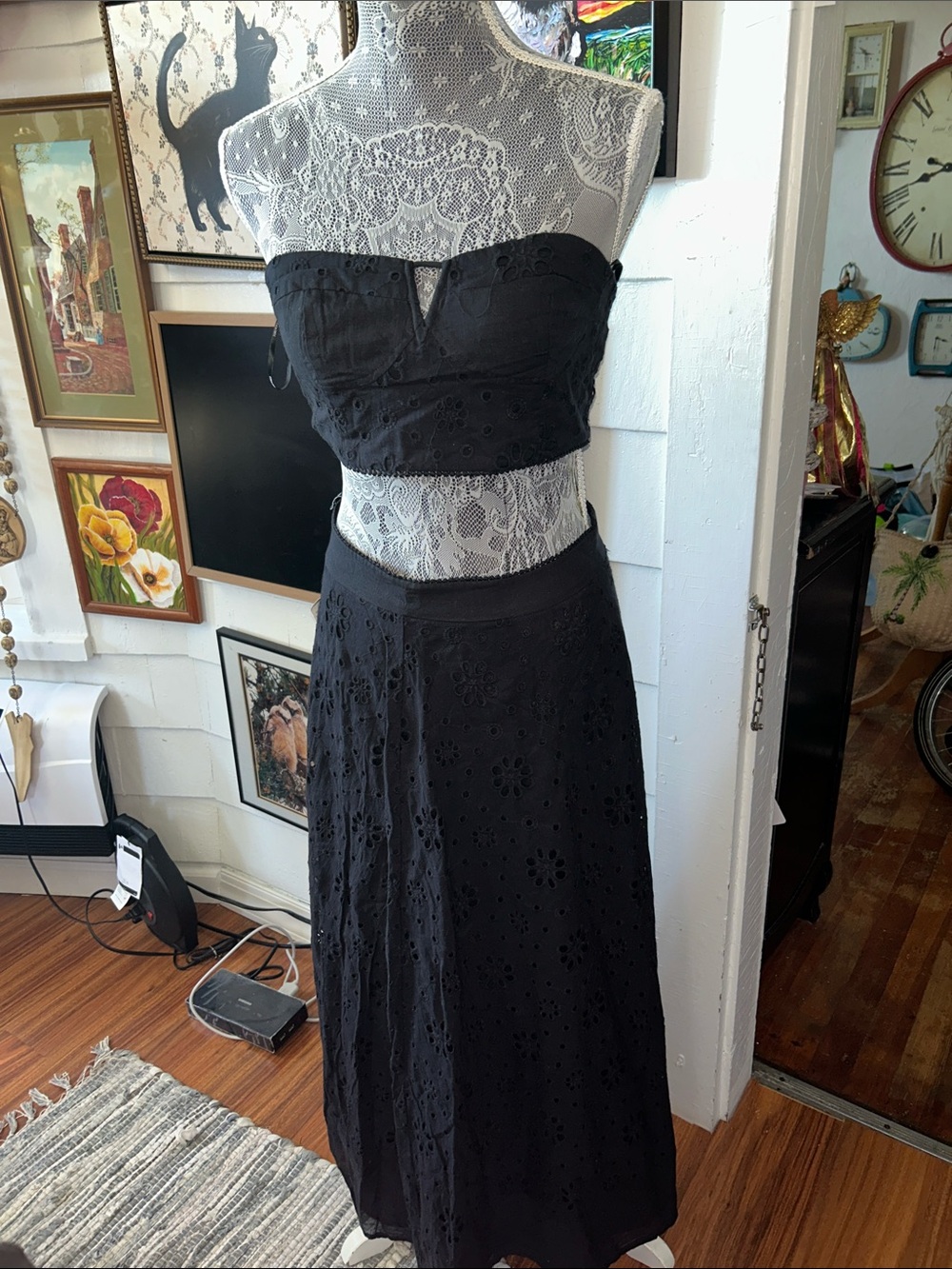 Forever 21 Black Eyelet Two-Piece Crop Top and Maxi Skirt Set